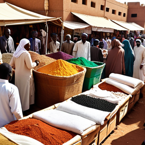 Home 4 **A bustling Khartoum marketplace:** Focus on the vibrant colors of fabrics and spices. Include traditionally dressed Sudanese people bartering for goods. Capture the atmosphere of a sunny, busy market day. Think vibrant fabrics, spices, and friendly faces.