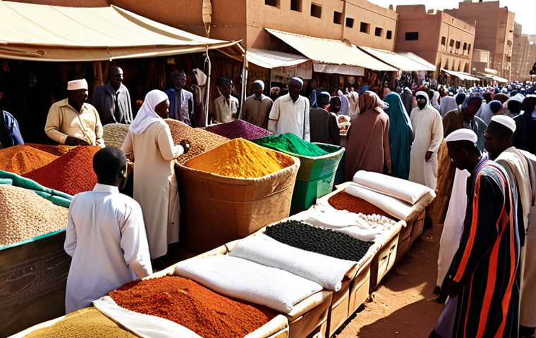 **A bustling Khartoum marketplace:** Focus on the vibrant colors of fabrics and spices. Include traditionally dressed Sudanese people bartering for goods. Capture the atmosphere of a sunny, busy market day. Think vibrant fabrics, spices, and friendly faces.